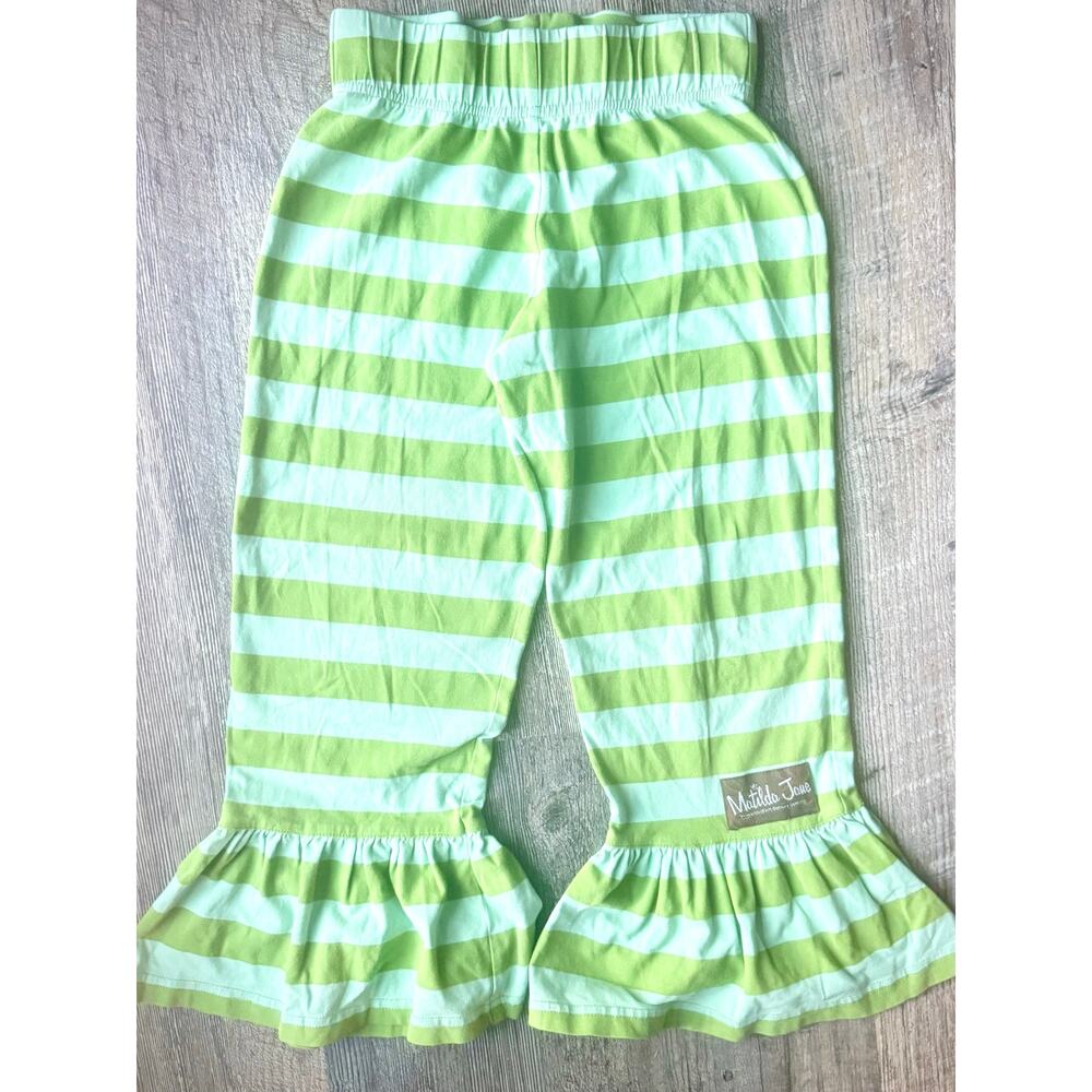 Matilda Jane Lime Green Stripe Ruffle Pants Girls Size 8‎ Cropped Bells